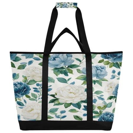 Large Hand-held Ice Pack Picnic Bag Insulation and Refrigeration Suitable for Shopping Picnics and Camping Seamless Watercolor Blue Peony