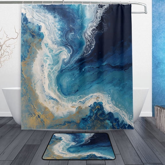 TTYFWHD 60" x 72" Shower Curtain and Bath Mat Set Deep Blue Gilded Surf Waterproof Bathroom Curtain with 12 Hooks, Bathroom Decor Set