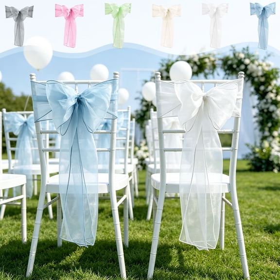 Nuoqisi Chair Sashes, Organza Elegant Chair Bows Sheer Ribbon Tie Back Universal Chiffon Knots Ties for Wedding Banquet Party Decoration Classroom , White