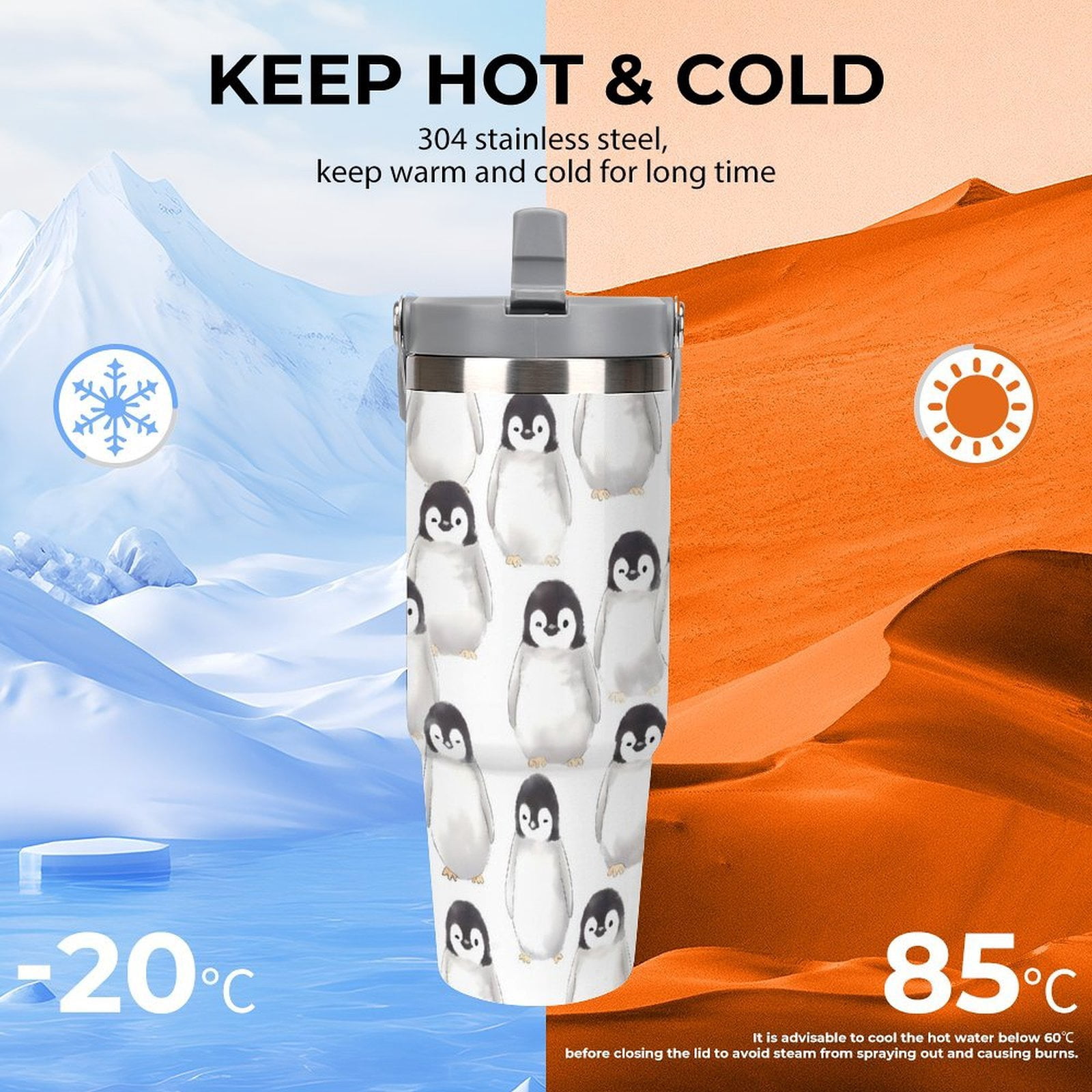 Large Capacity Car Cup 30oz Vacuum Insulation Double Layer Hot Proof Super Capacity Portable Placement Without Water Leakage Cute Baby Penguins White-style