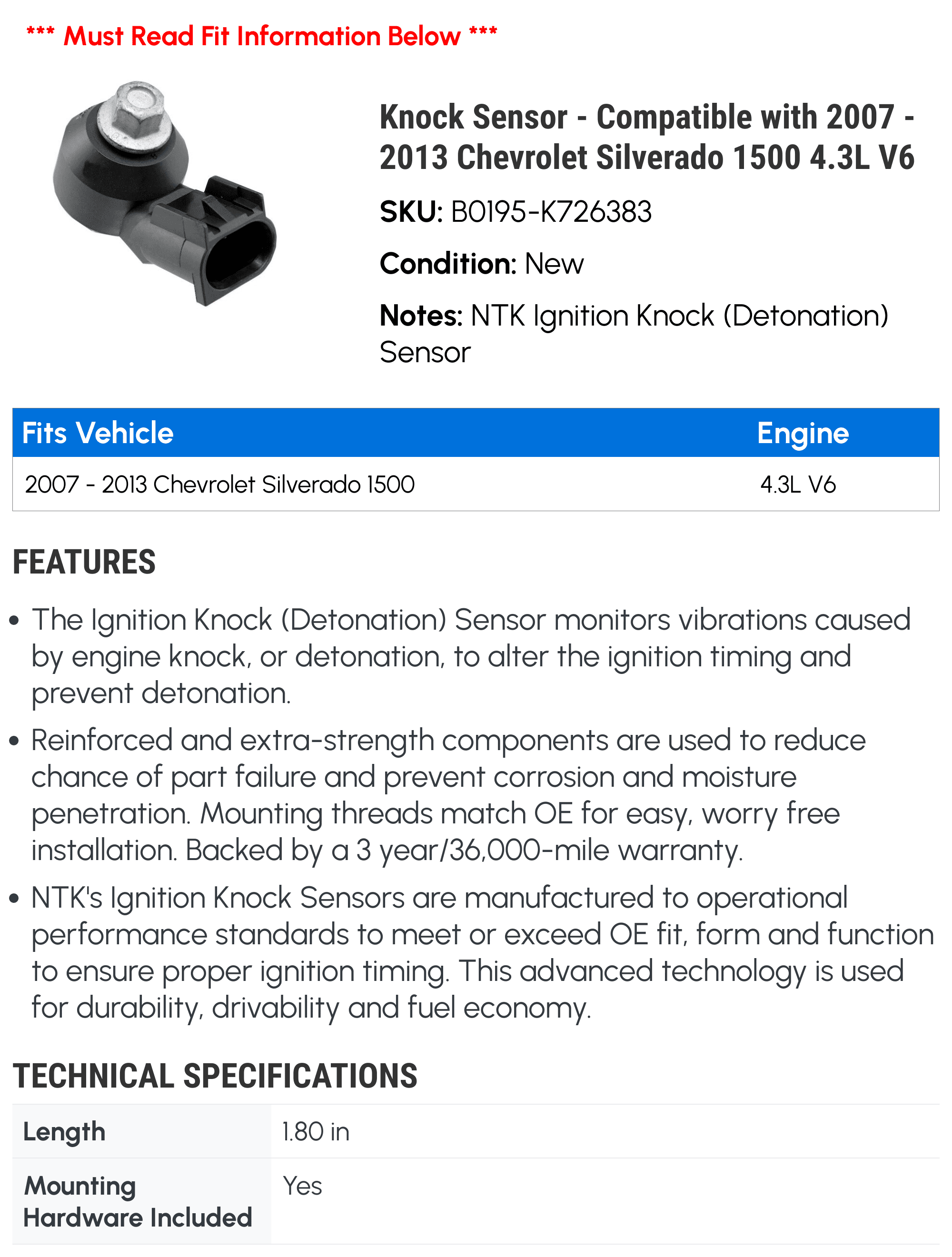 Knock Sensor - Compatible with 2007 - 2013 Chevy Silverado 1500 4.3L V6 2008 2009 2010 2011 2012