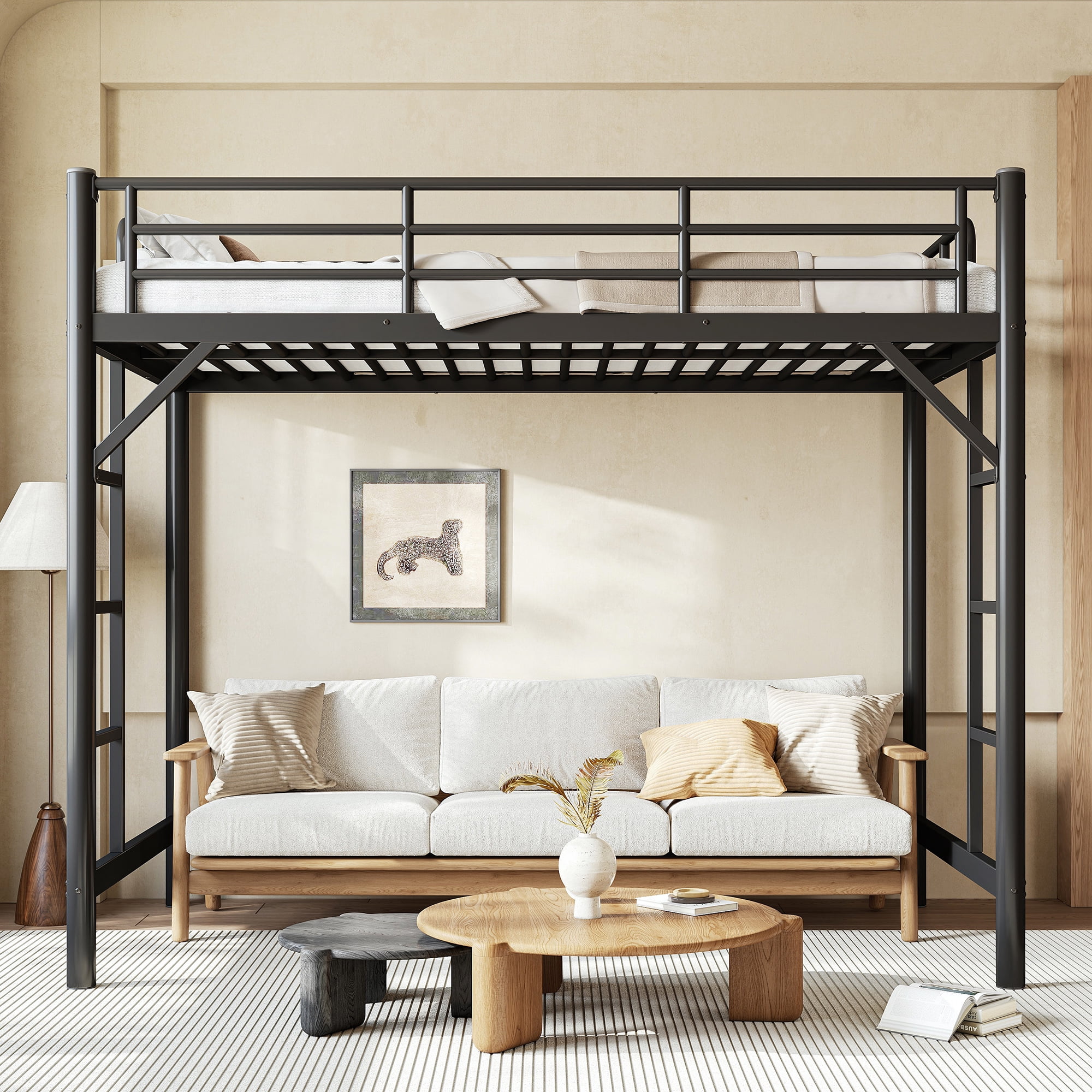 Mintazer Twin XL Metal Loft Bed Frame with Side Ladders & Guardrails for Teens Adults, No Box Spring Needed, Black