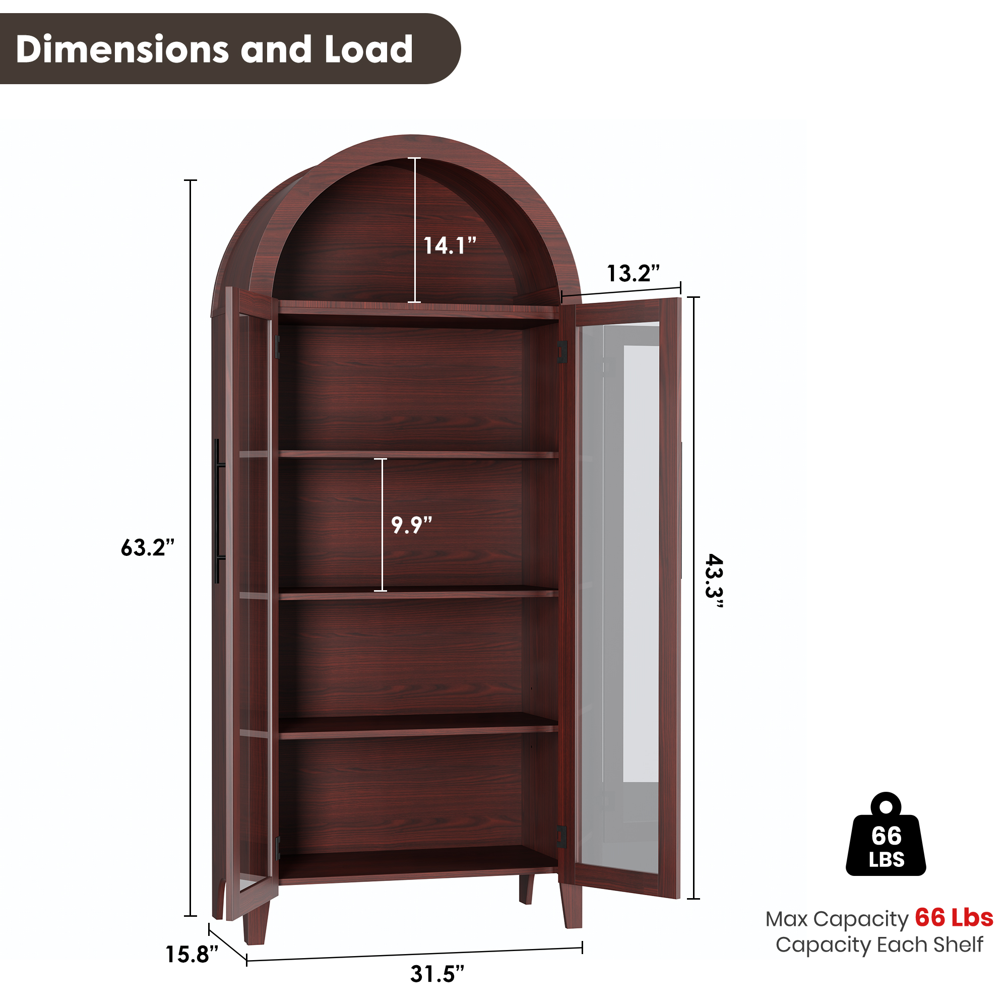 5-Tier Arched Bookcase, Bookshelf with Glass Door, Display Cabinet with Adjustable Shelves, Tall Storage Cabinet for Living Room, Modern Bookcase for Bedroom/Living Room/Home Office