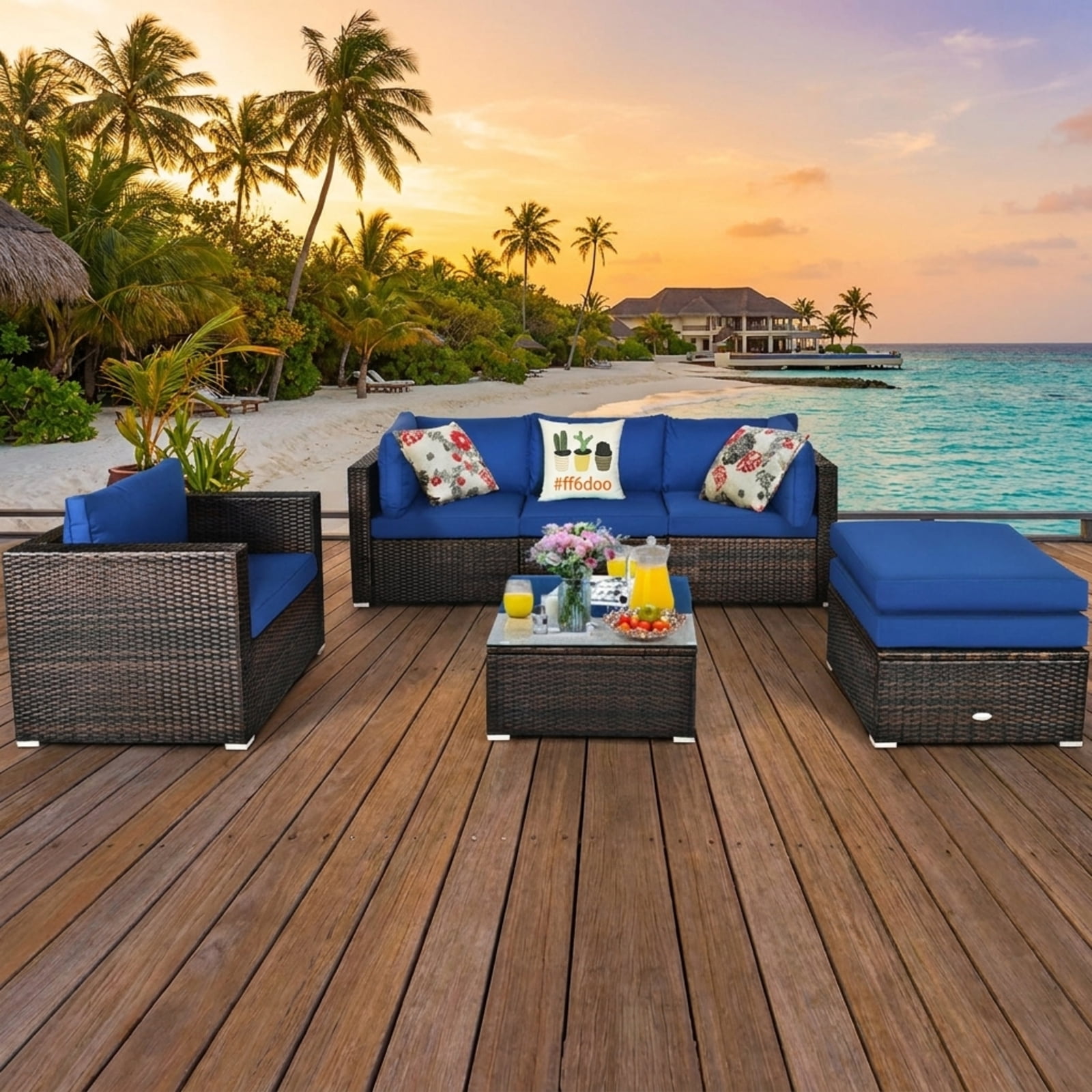 Furnibear 6 Piece Patio Rattan Furniture Set Outdoor Sectional Sofa Conversation Set with Cushions and Glass Table for Backyard Garden, Navy