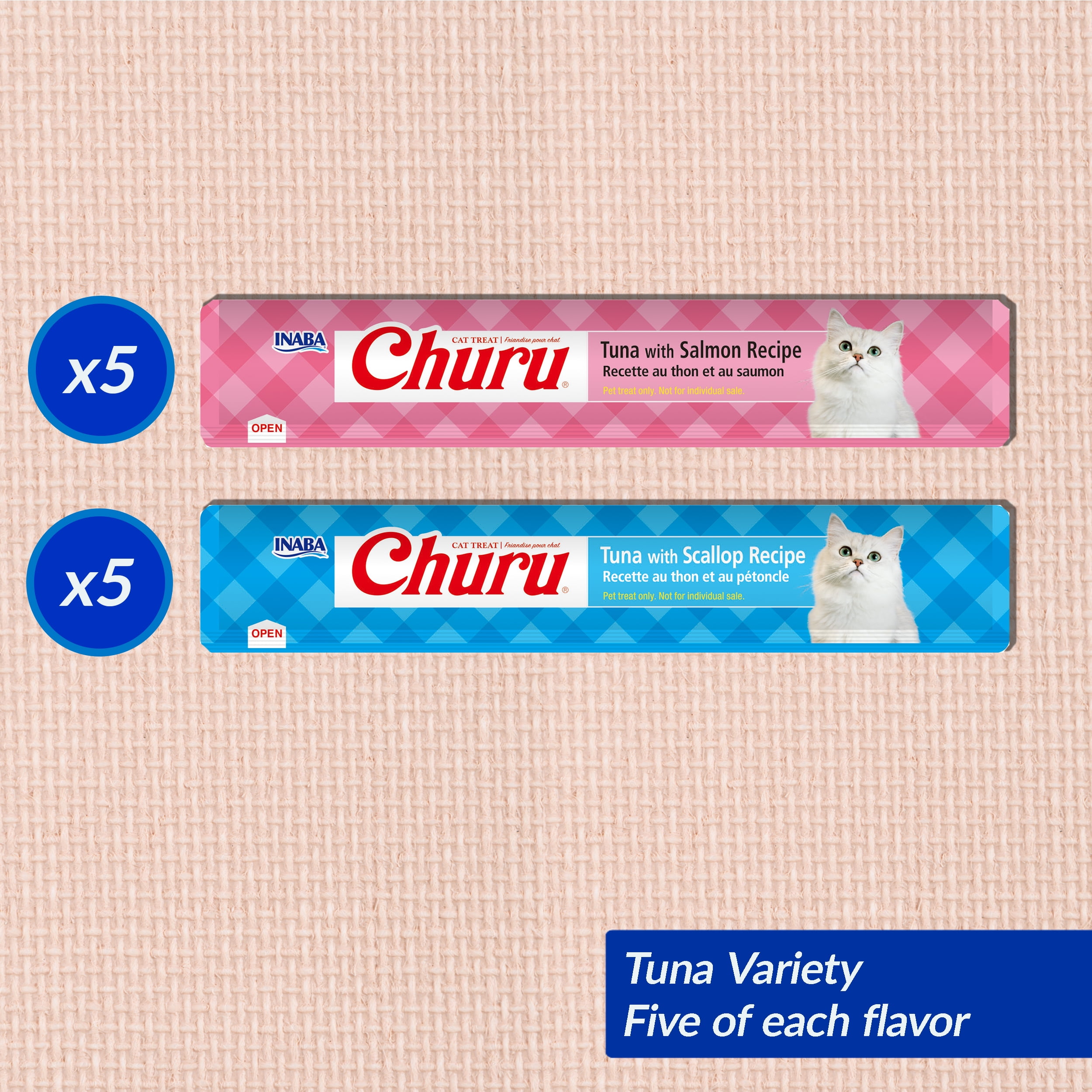 Friandises pour chats INABA Churu, purée crémeuse à lécher sans céréales avec vitamine E - Boîte de 10 tubes de thon (5 x thon et 5 x thon au saumon) 114 g