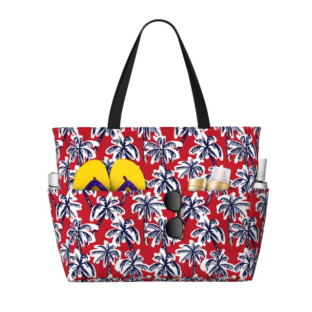 Lukts Palm Tree Pattern on Red for Large Capacity Beach Travel Bag, Foldable Waterproof Beach Bag, Hand-held or Shoulder Reusable Grocery Bag for Men and Women