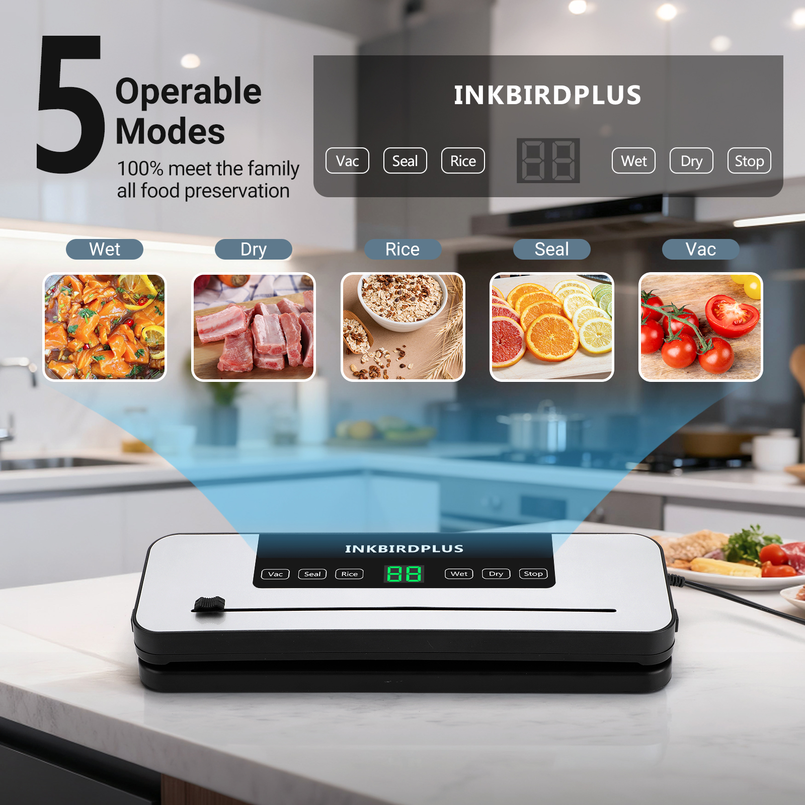 INKBIRDPLUS Vacuum Sealer, White and Black with -65KPA Suction, Multiple Modes, UV Sterilization