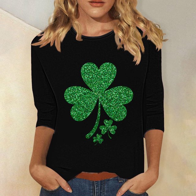 Meichang Hauts à Manches 3/4 pour Femmes, T-Shirts de la Saint-Patrick, T-Shirts Graphiques Verts Trèfle, Col Rond Décontracté, T-Shirts Irlandais Chanceux