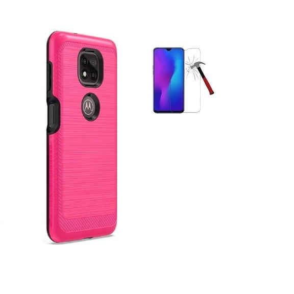 Phone Case for Motorola Moto G Power (2021), Dual Layer Brushed Texture Cover   Tempered Glass (Pink)