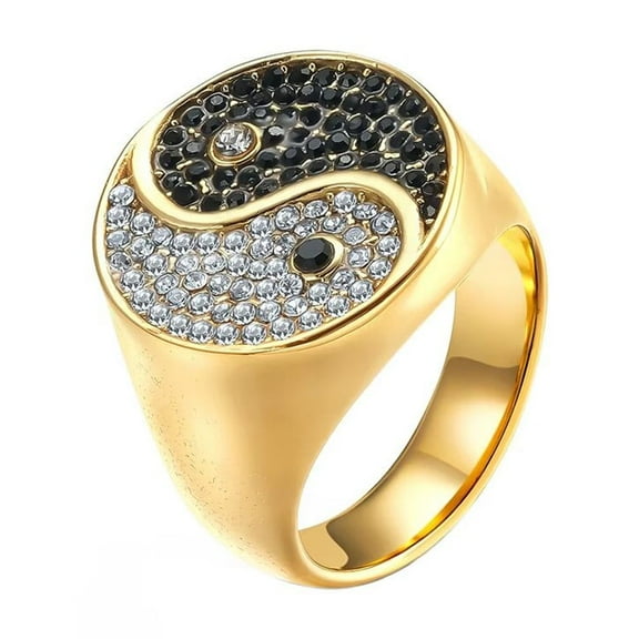 PAURO Men's Stainless Steel Cubic Zirconia Yin Yang Ring Tai Chi Signet Statement Jewelry Accessories Gold Size 8