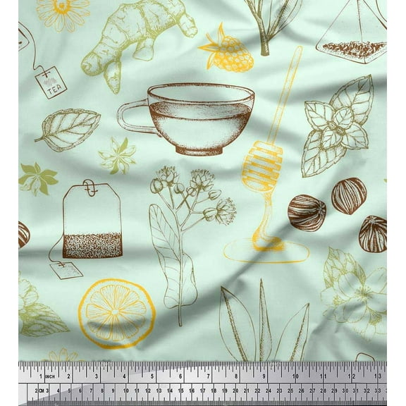 Soimoi Cotton Duck Fabric Tea Cup,Star Anise & Lemon Slice Vegetable Print Fabric by the Yard 42 Inch Wide