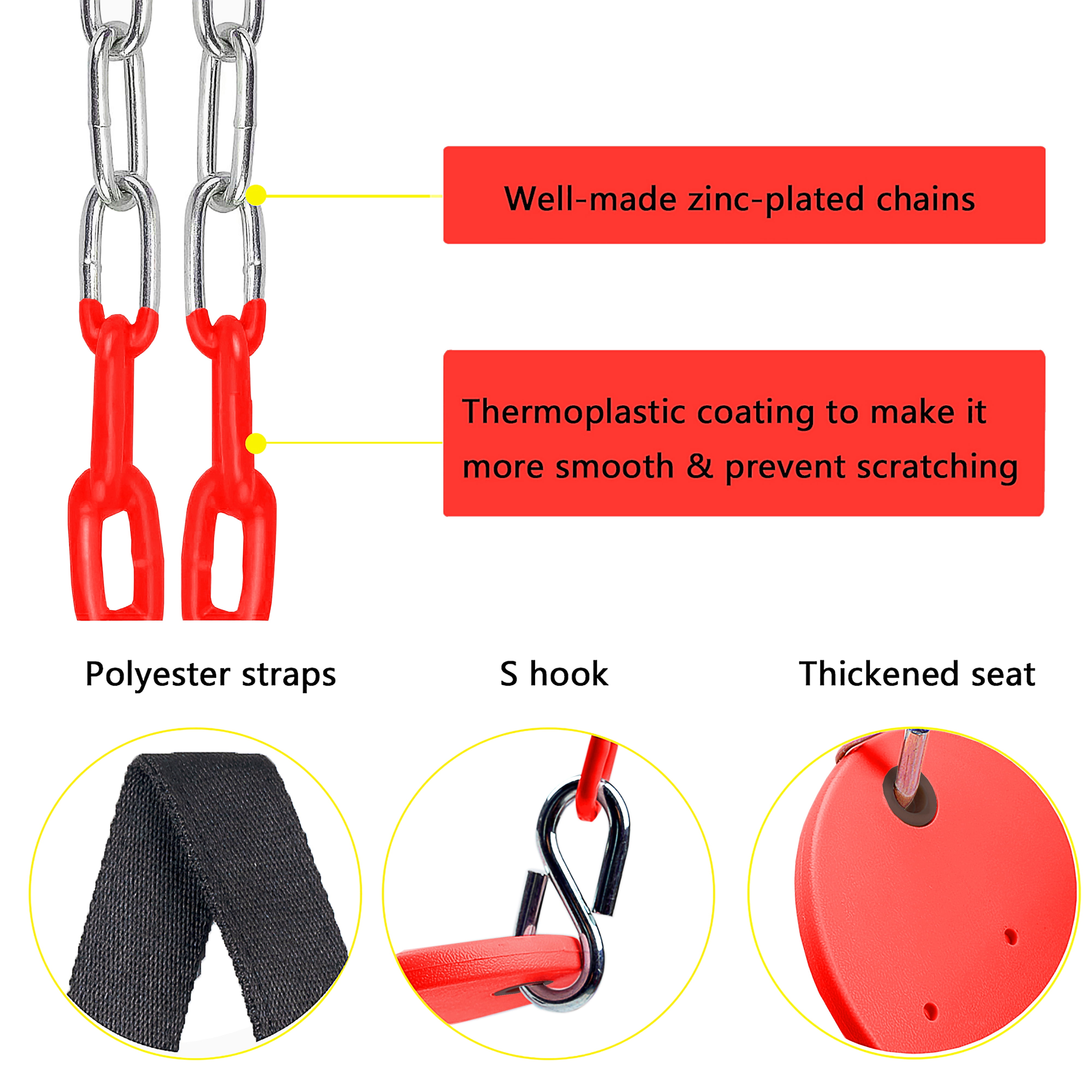 KINSPORY Toddler & Child Swing Seat, Heavy-Duty High Back Fully Assembled, Iron Chain Eva Swing for Indoor/Outdoor, Hanging Tree Straps（Red）