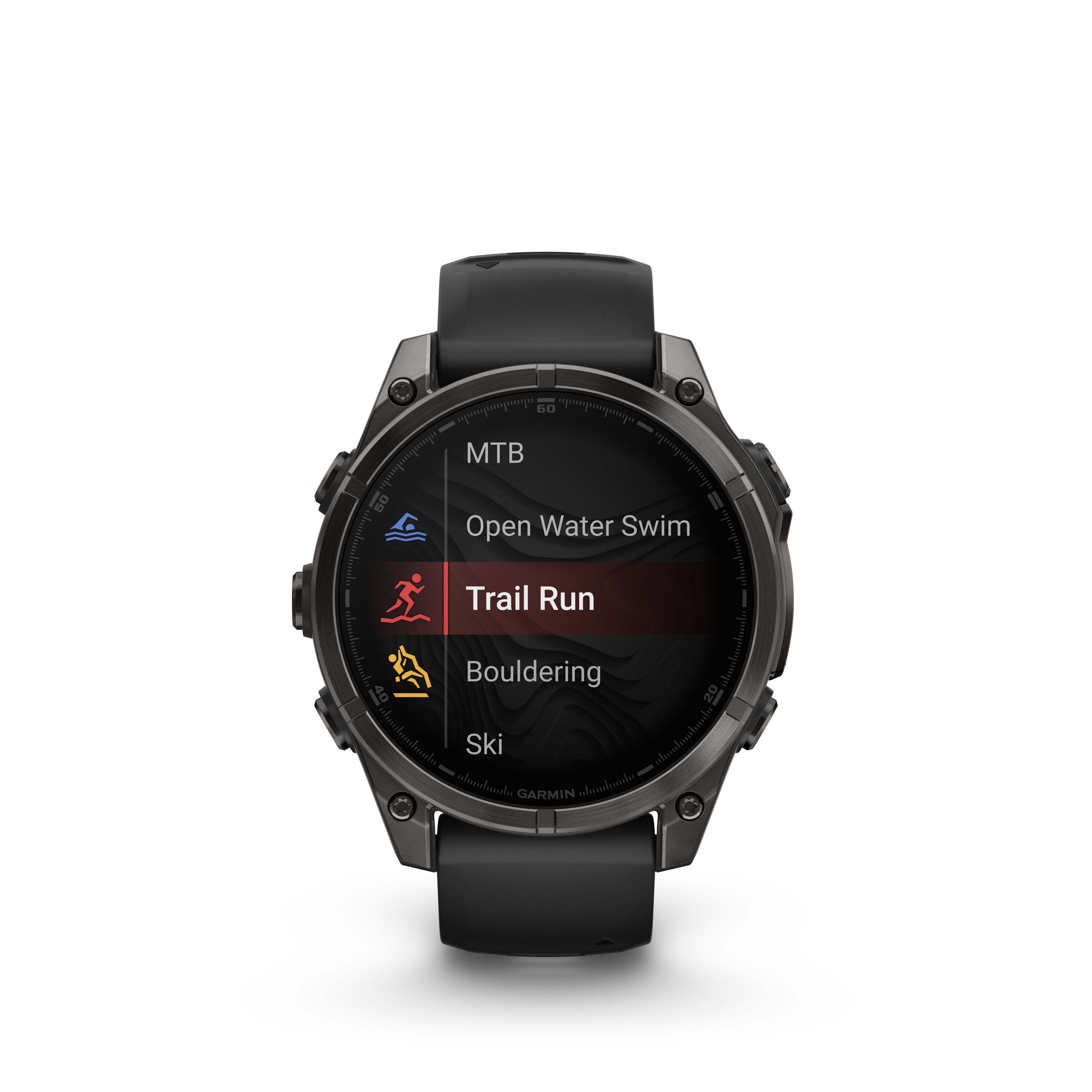 Montre intelligente GPS Garmin fēnix® 8 avec écran AMOLED et objectif saphir - 47 mm - Lunette en titane DLC gris carbone avec bracelet en silicone noir/gris galet
