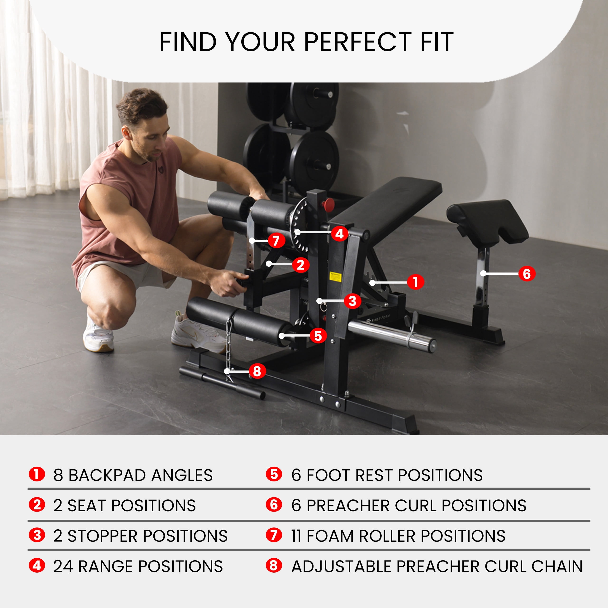 Finer Form GLX Adjustable Weight Bench with Leg Extension and Curl Machine, Total Body Bench for Home Gym, Great for Bench Press, Sit Ups, Preacher Curl, Hip Thrusts and Other Plate-Loaded Exercises