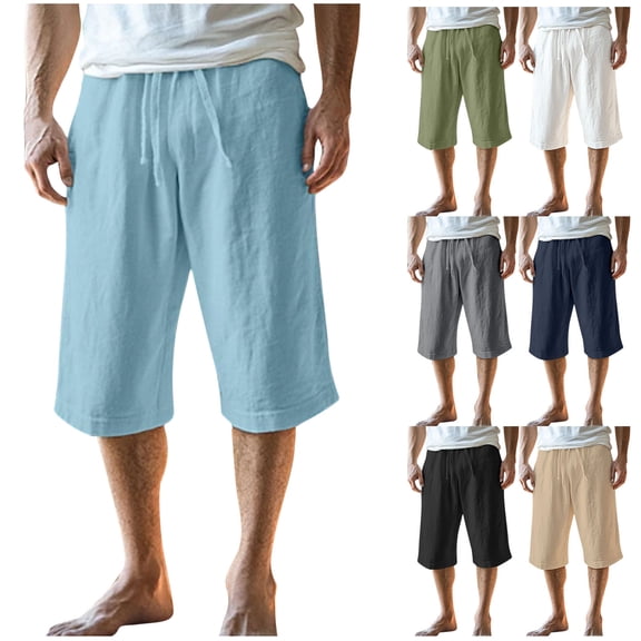 YHAJDS Men Linen Summer s Solid Color Elastic Waist Drawstring Pocket Beach Bottoms