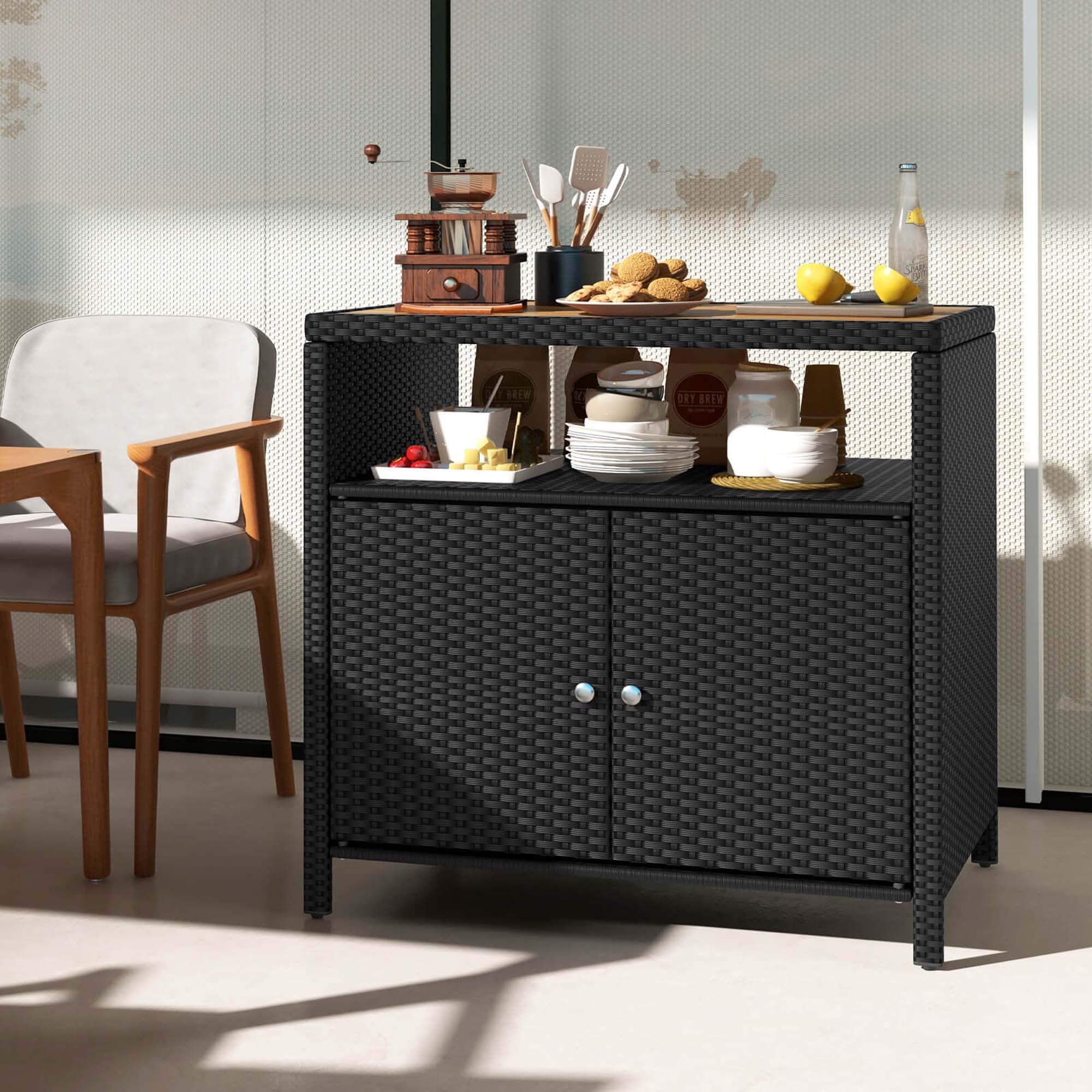Costway Patio Rattan Storage Cabinet with Acacia Wood Countertop Open Shelf 2 Door Cabinet Black