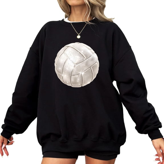 Volleyball Faux Glitter Sweatshirt for Women Trendy Girly Volleyball Fan Pullover Black Sweatshirt Adult X-Large