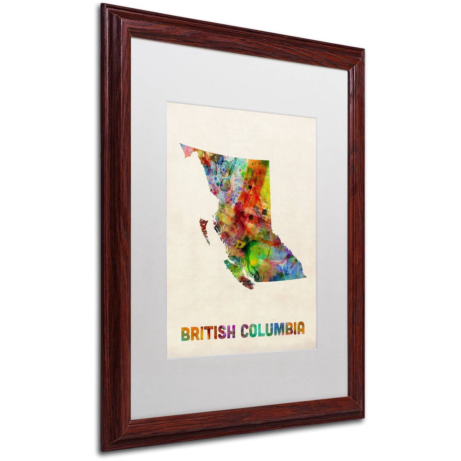 Trademark Fine Art 'British Columbia Watercolor Map' Canvas Art by Michael Tompsett, White Matte, Wood Frame