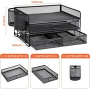 Marbrasse 3 Tier Mesh Desk Organizer with Drawer, Multi-Functional Desk Organizers and Accessories, Paper Letter Organizer with 2 Pen Holder for Home Office Supplies