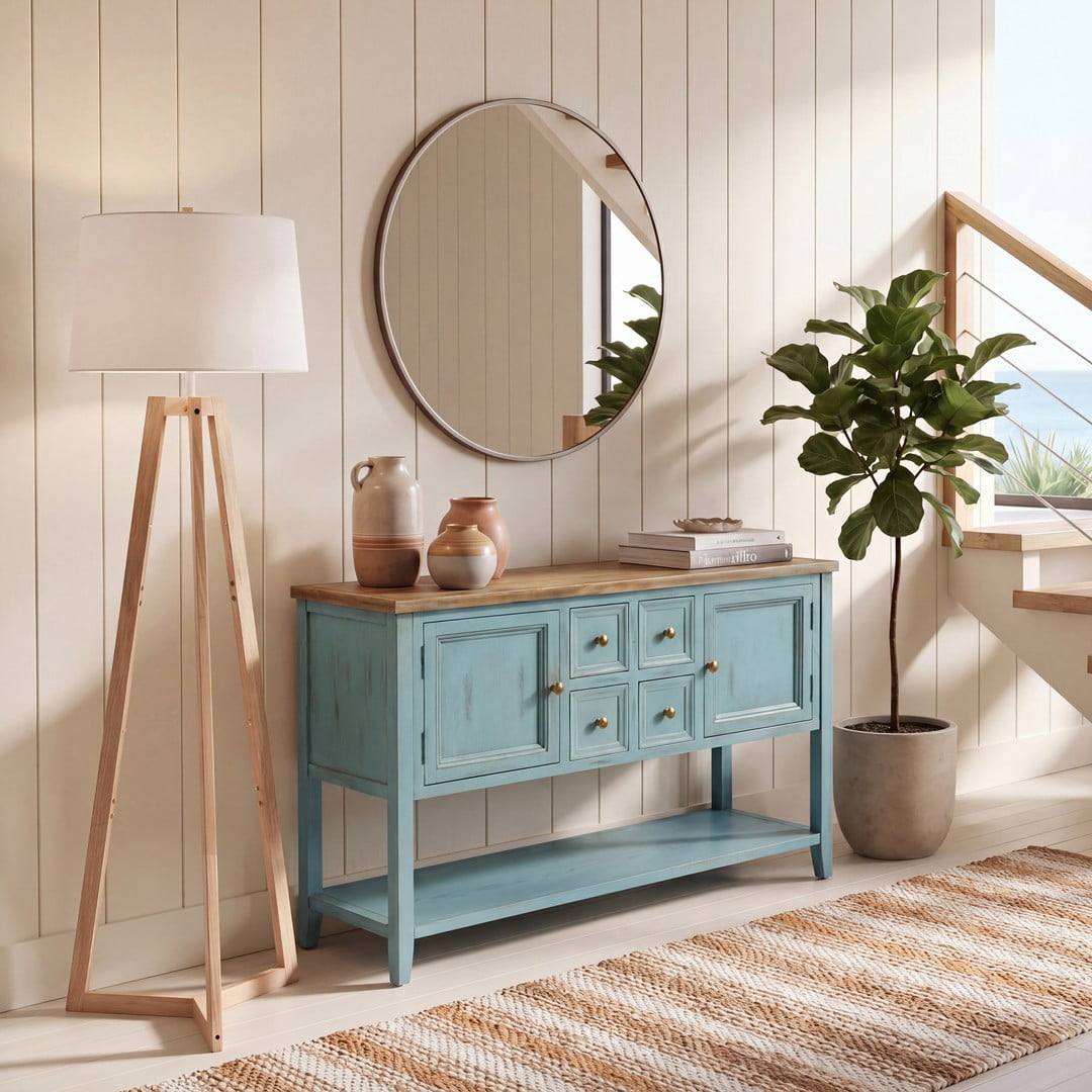 Safavieh American Home Traditional 45.7" Sideboard with 2 Doors 4 Drawers 1 Shelf, Barn Blue
