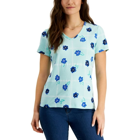 MSRP $13 Karen Scott Women Garden V-Neck T-Shirt Blue Size Small