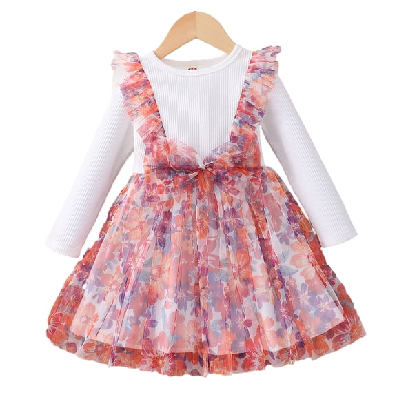 Chenyin 18M-6T Girls Floral Dress for Baby Toddler Casual Mesh Princess Dresses Kids Spring Autumn Long Sleeve Sundress for Girls