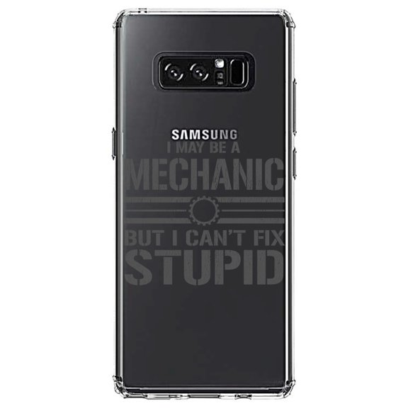 DistinctInk Clear Shockproof Hybrid Case for Samsung Galaxy Note 8 - TPU Bumper Acrylic Back Tempered Glass Screen Protector - May Be a Mechanic But I Can't Fix Stupid