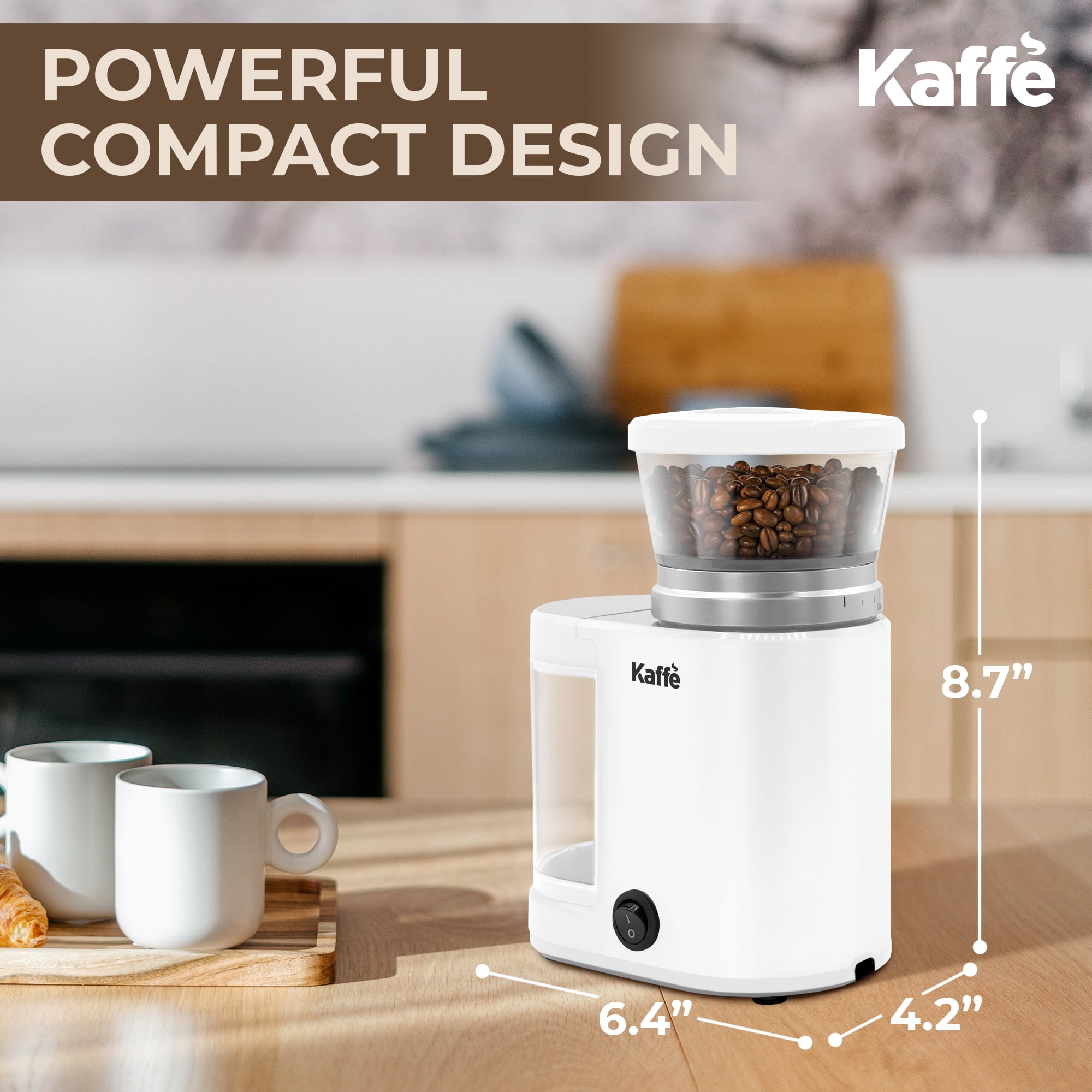 Kaffe Electric Burr Coffee Grinder (5.5oz) w/ Adjustable Coarseness Settings - Flat Burr - [New Upgraded Motor ] - Precision Coffee Bean Grinder for Home Use - White