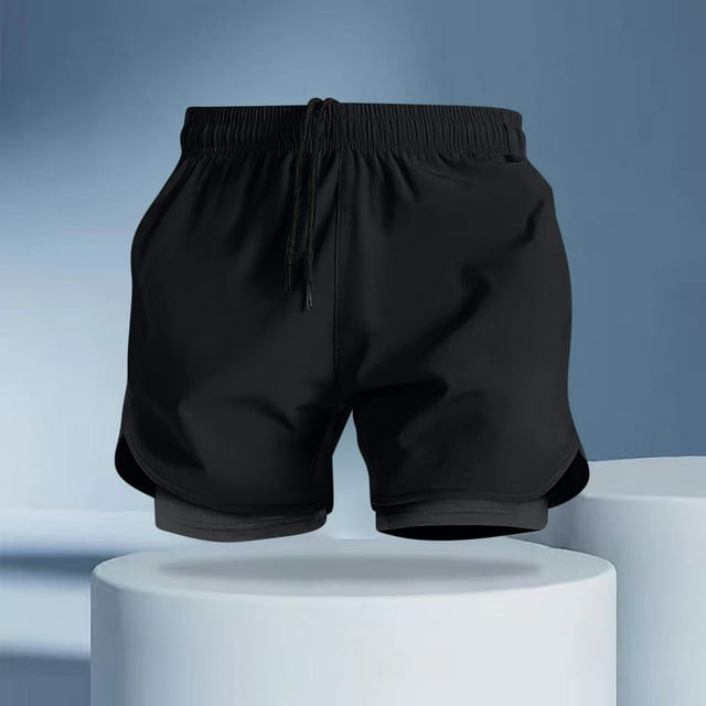 Ceisia Men's Summer Solid Color Double-Layer Gift Running Shorts - Breathable Quick-Dry Fitness Drawstring Elastic Waist Shor ts