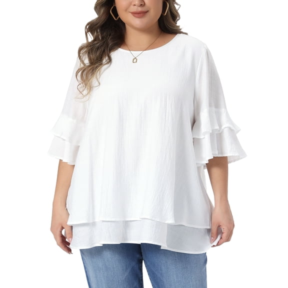 Agnes Orinda Women's Plus Size Tops Crew Neck Ruffle Short Sleeve Blouse Double Layered Summer Casual Solid Shirts 1X White