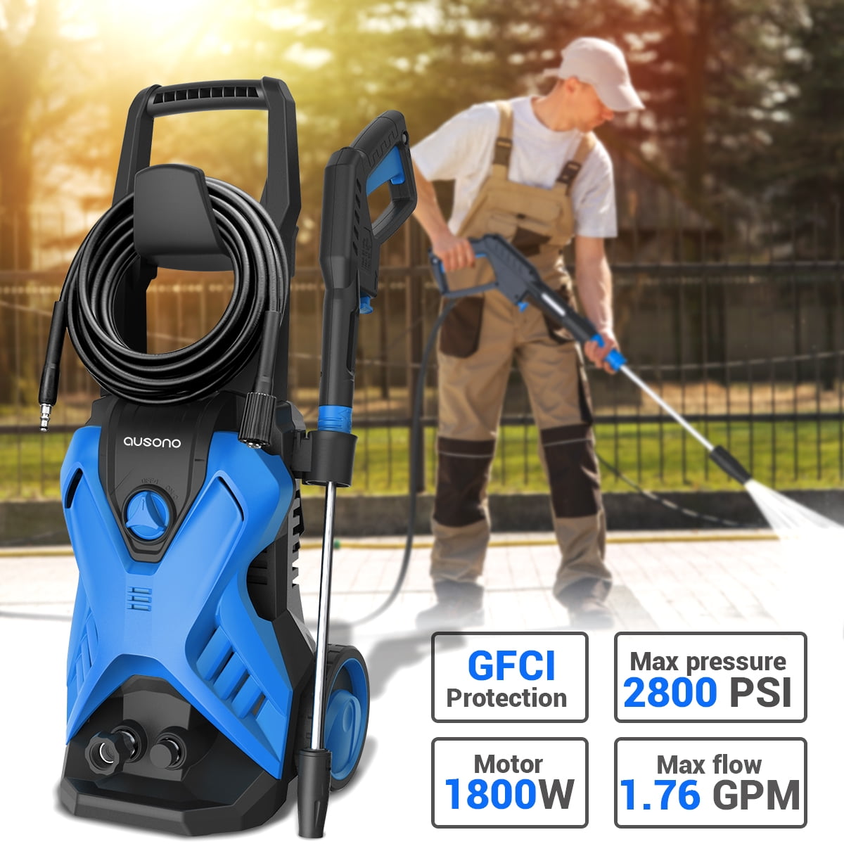 AUSONO 2800PSI Electric Pressure Washer 1.76GPM 1800W Powerful Pressure