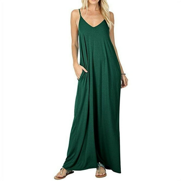 Women Casual Loose Long Maxi Dress Spaghetti Strap Dress with Pockets 