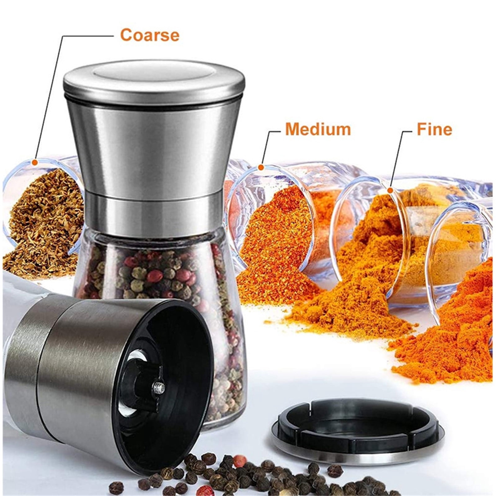 Piwvid 2 Pack Pepper and Salt Grinder Set, Stainless Steel Adjustable Coarseness Mill, Refillable Manual Grinder for Black Peppercorns, Easy to Clean, Kitchen Tool