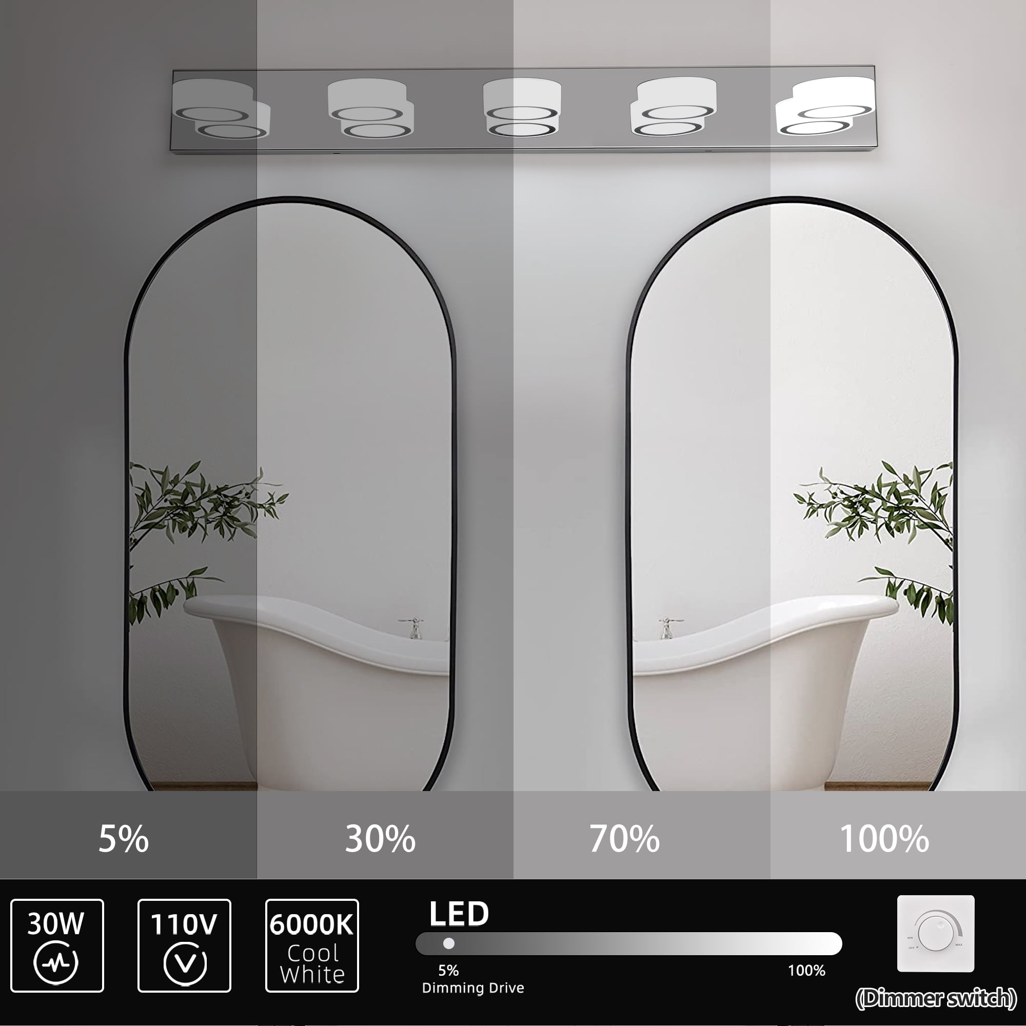 5 Light Modern Rotating Oval Lampshade 37.0in Metal Vanity Light Fixtures Dimmable for Bathroom Lighting Over Mirror Chrome
