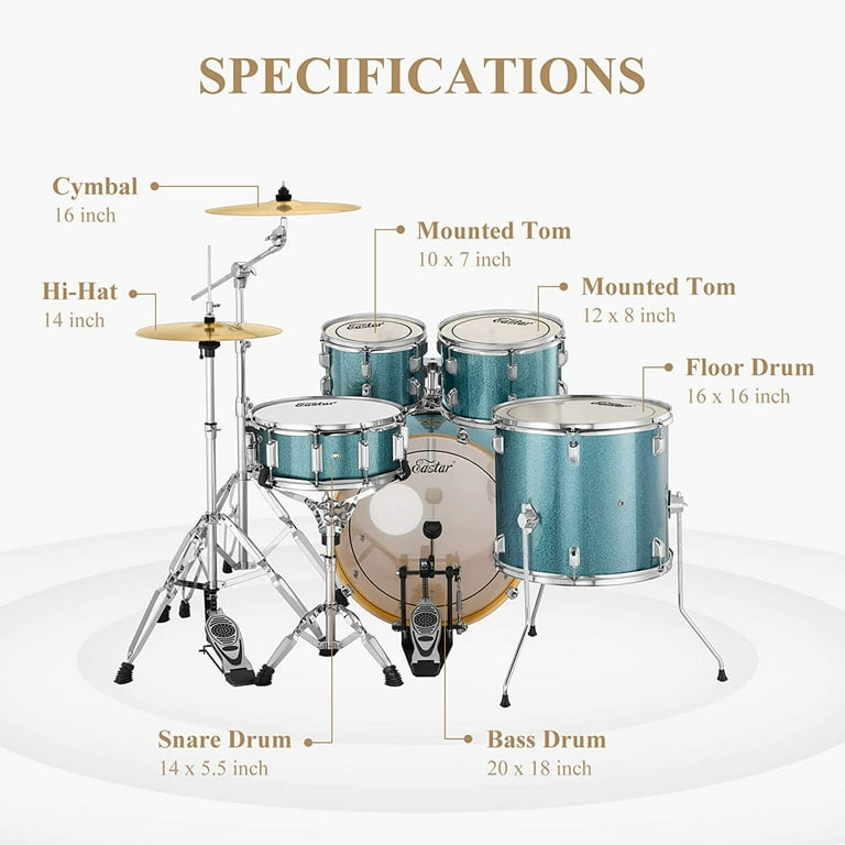 Eastar 20 Inch Drum Set for Adult Junior Teen 5 Piece Professional Full Size Drum Kit with Cymbals Stands Stool and Sticks Starry Blue