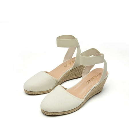 

Ream Pairs Women Espadrilles Wedge Sandals Comfort Elastic Ankle Strap Shoes Amanda-1 Beige/White Size 10
