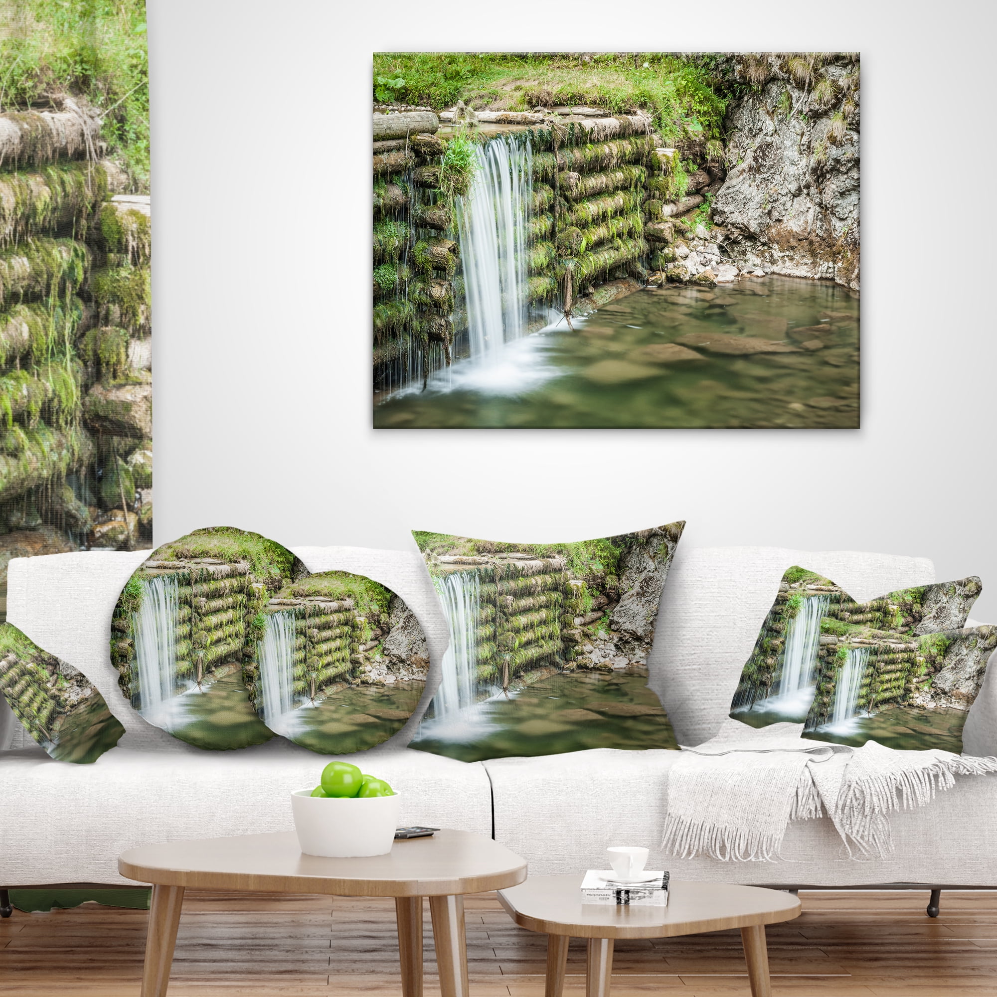 Designart Fabulous Man made Waterfall - Landscape Printed Throw Pillow - 12x20