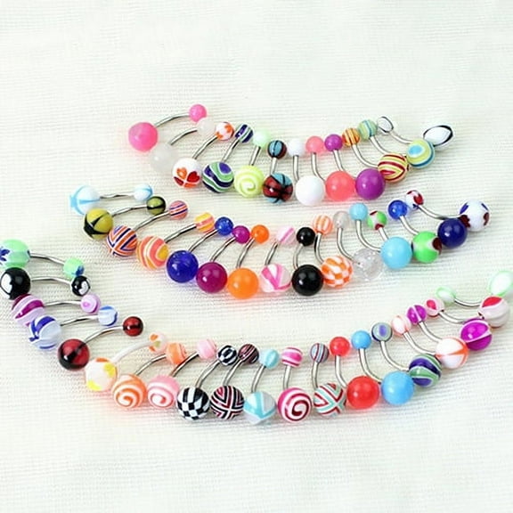 Jiaroswwei, Stainless Steel Acrylic Barbell Belly Button Body Piercing Rings, 50 piece
