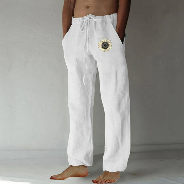 Leodye Men's Sunflower Print Elastic Waist Drawstring Pants Loose Straight Leg Pants with Pockets White M(M)
