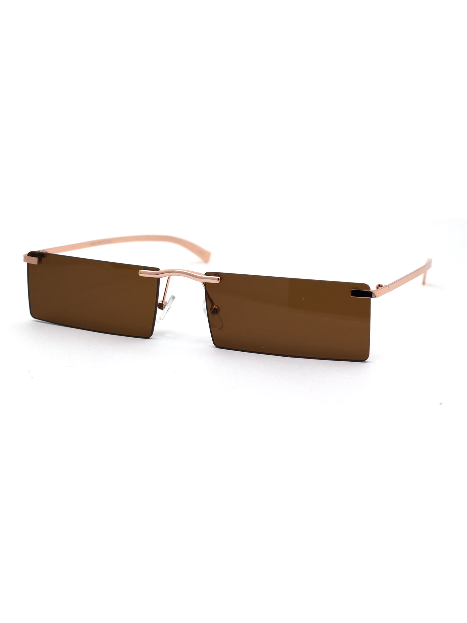 Sa106 Mens Squared Narrow Rectangular Rimless Dad Shade Sunglasses Gold Brown 