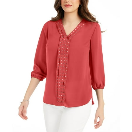 JM Collection Women's Solid Studded Pleated Blouse Red Size Small