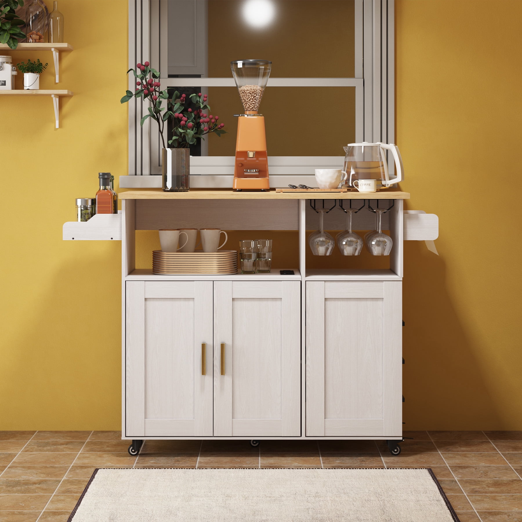 ZOPEND Rolling Mobile Kitchen Island Cart Bar, Island Cart with 5 Wheels, Power Socket and Towel Rack，White