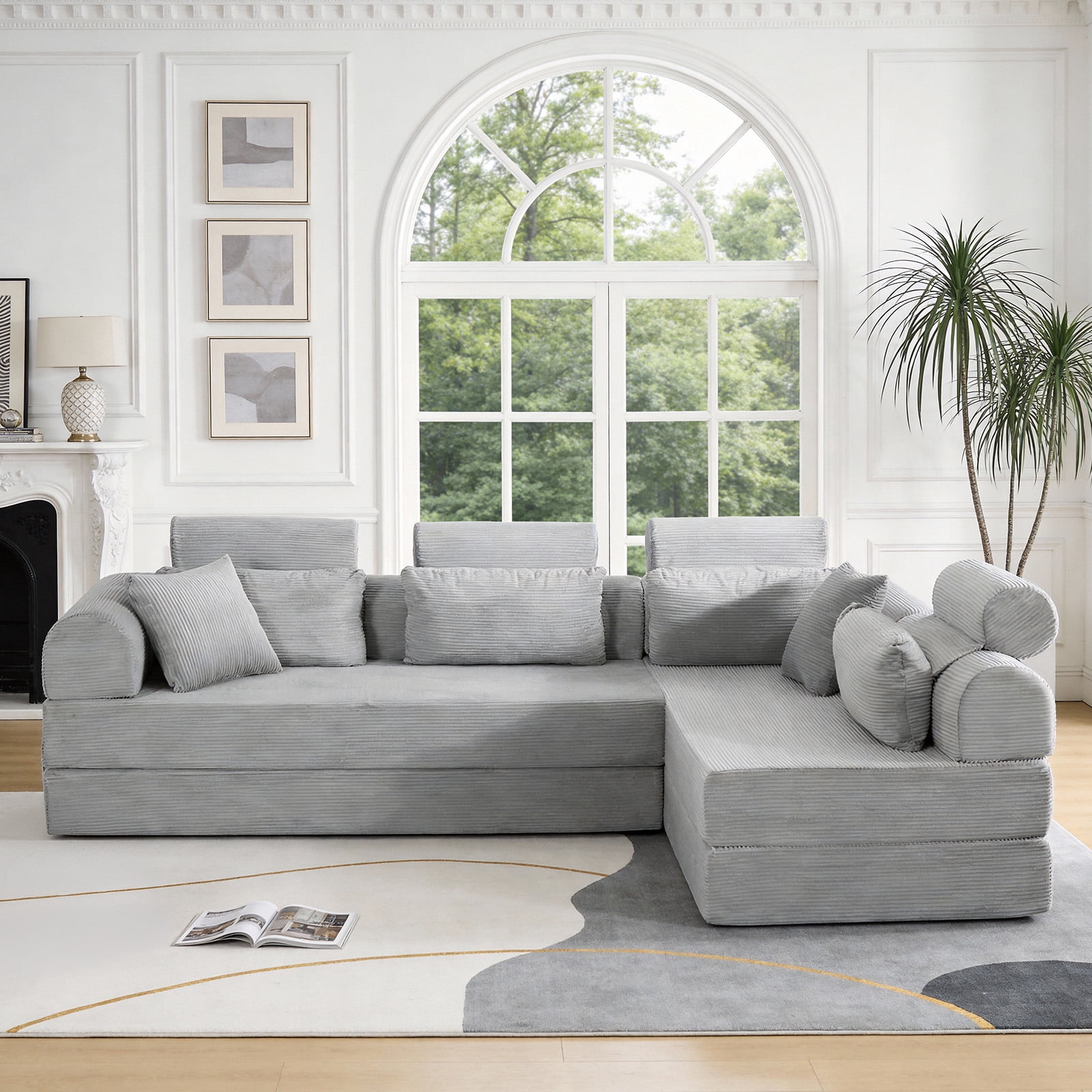 L-Shaped Sectional Sofa Converts to Bed, Corduroy Chaise Lounge with 28D High-Density Foam, No Assembly Compressed Couch for Apartments and Studios, Light Gray