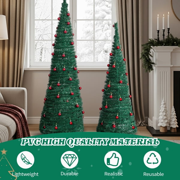 Alvantor 2-Pack Pop-Up Artificial Christmas Trees, 5 ft and 6 ft, Red Ball Ornaments, Green