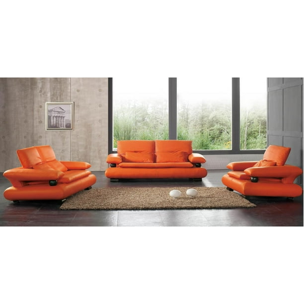 Contemporary Orange Italian Leather Living Room Sofa Set 3pcs Esf 410 Com Contemporary Orange Italian Leather, Orange Contemporary Sofa