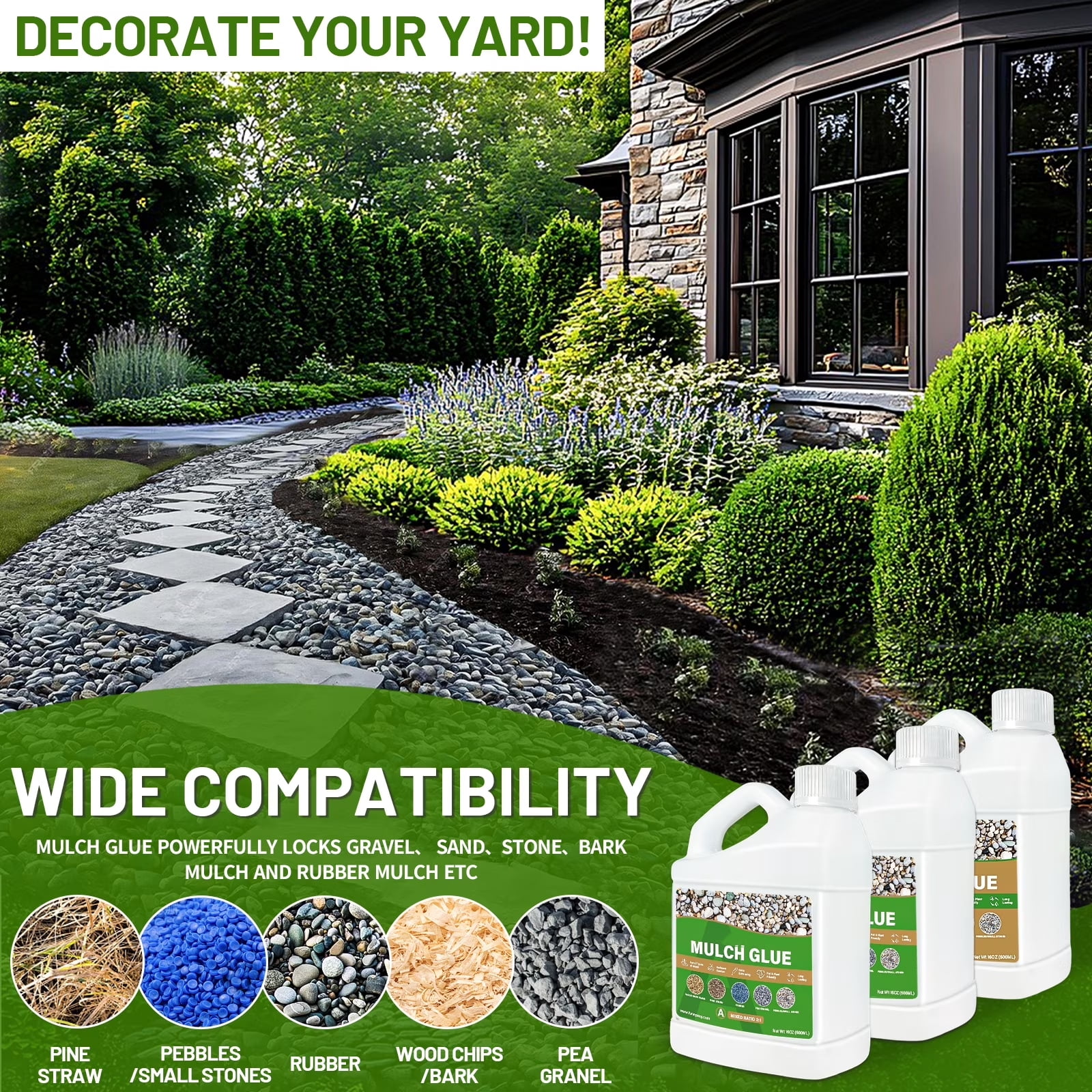 48oz Mulch Glue 2:1 Mixing Ratio  for Landscaping, Ready to Use Fast-Dry Non-Toxic, Strong Mulch Gravel Glue, Rock Glue, Mulch Glue for Garden, Mulch Glue Binder,