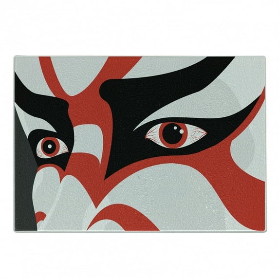 Kabuki Cutting Board, Japanese Drama Theme Kabuki Face with Dramatic Eyes Cultural Theater, Decorative Tempered Glass Cutting and Serving Board, Small Size, Black White Orange, by Ambesonne