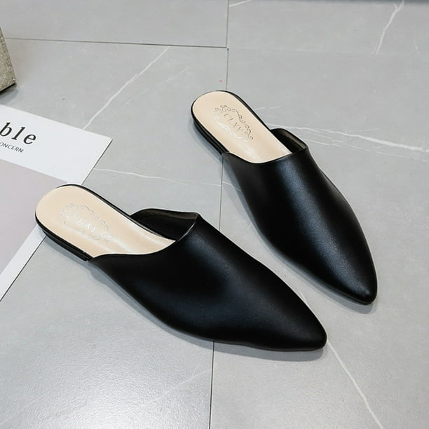 Women Closed Pointed Toe Flat Heel Slides Slippers Faux Leather Mules Shoes