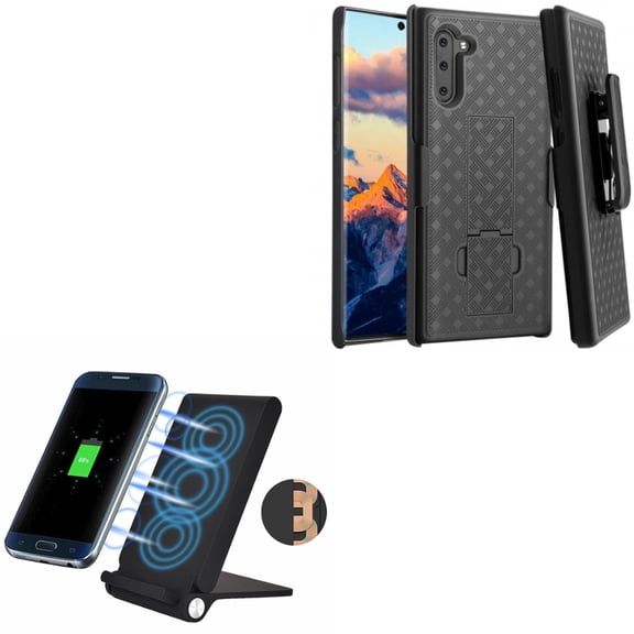 Holster Case Belt Clip w 10W Fast Wireless Charger for Samsung Galaxy Note 10 - Swivel Cover Kickstand Armor Combo, Folding Stand 3-Coils Charging Pad Slim