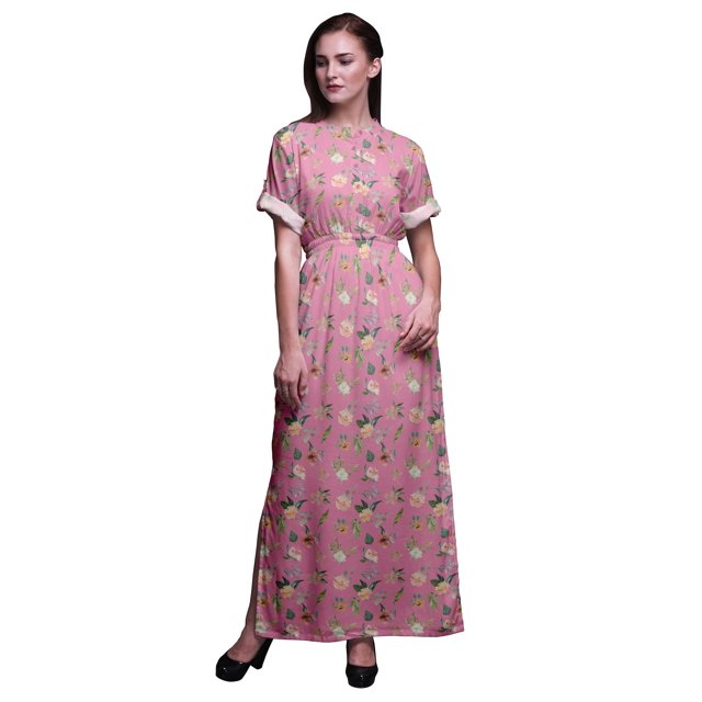 Bimba Robe Longue en Rayonne Kobus Mangolia & Rose Aquarelle pour Femmes Boho Plage Cocktail Fête Maxi Robe Fendue-TTTG